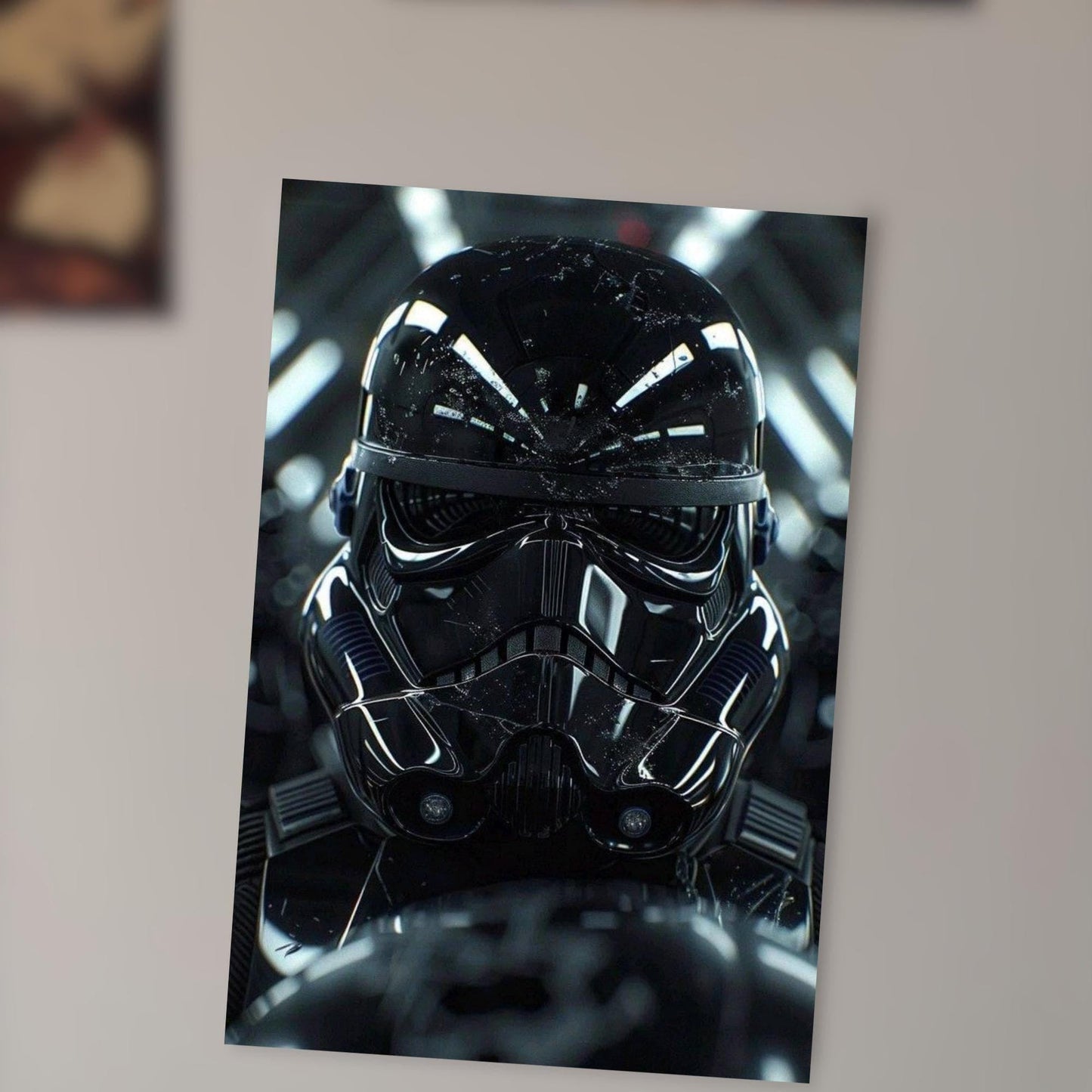 A close-up of a shiny, reflective stormtrooper helmet from the Star Wars franchise.