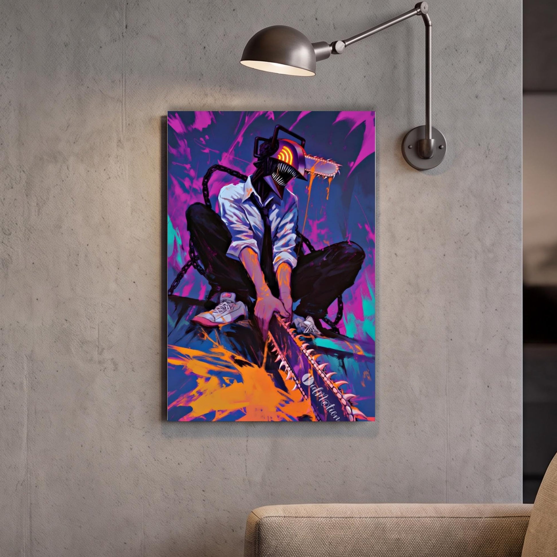 The image is a vibrant, colorful painting depicting a person in a white shirt and black pants, holding a chainsaw and surrounded by a fiery, abstract background.
