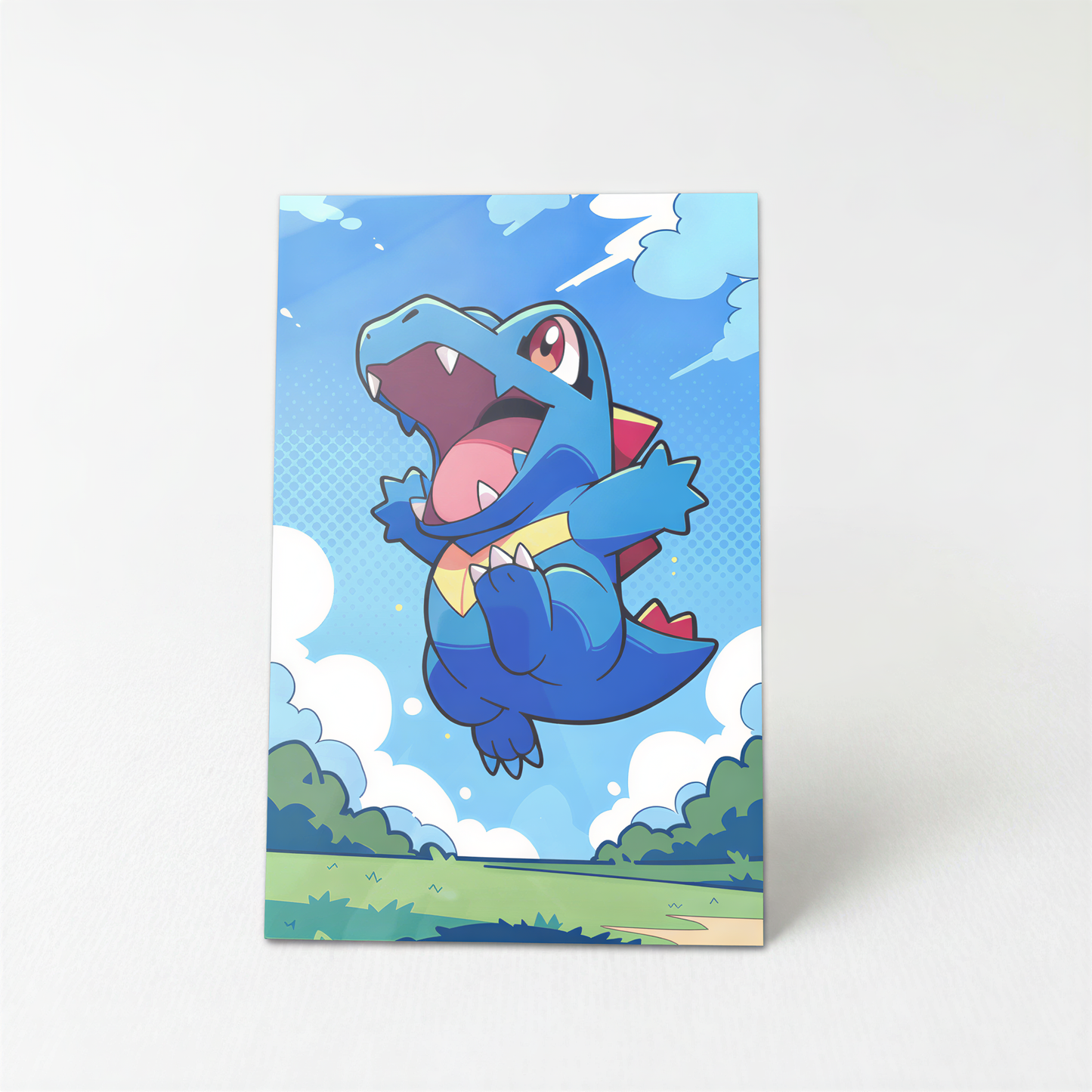 A cartoon-style illustration of a blue alligator-like creature with a red eye and open mouth, flying through a blue sky with clouds and a grassy landscape below.