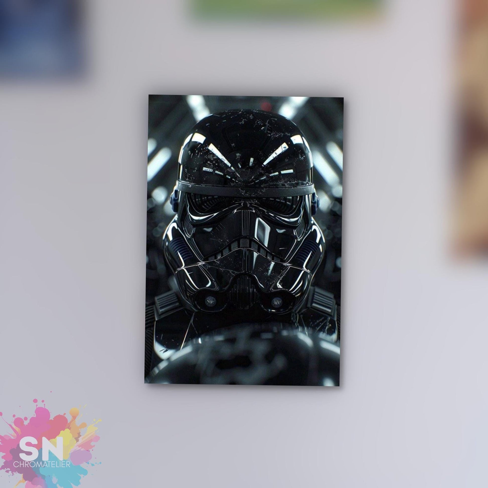 A close-up of a stormtrooper helmet from the Star Wars franchise, with a dark and shiny appearance.