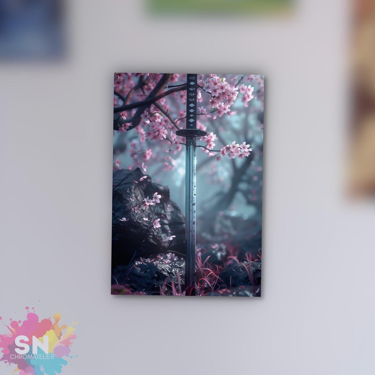 A black sword with a pink cherry blossom in the background, set against a backdrop of a forest with pink cherry blossoms.