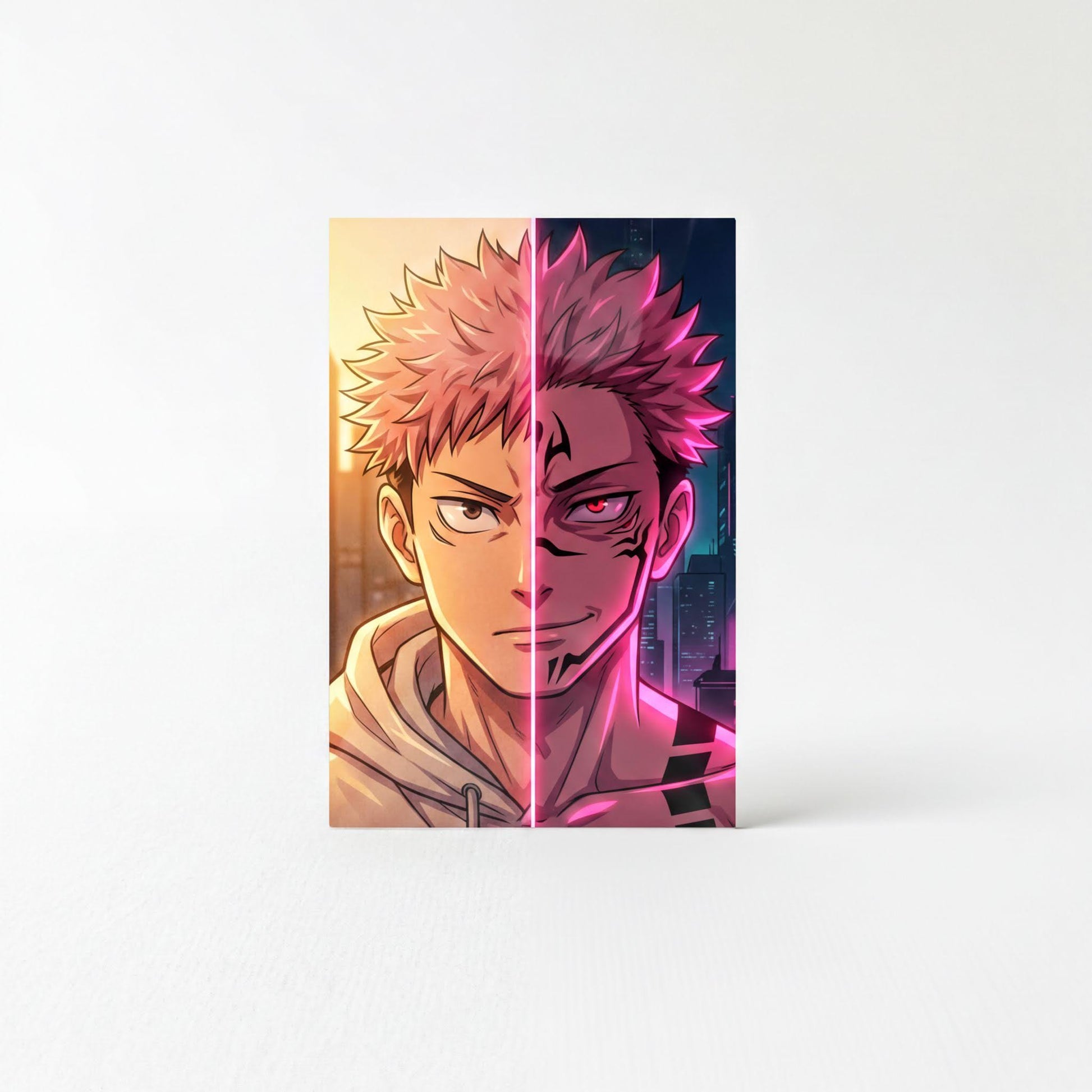 The image is a split-screen print featuring a close-up of a male character with spiky hair and a serious expression, as well as a second image showing the same character in a different pose.