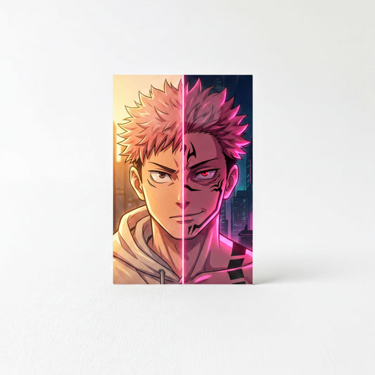 The image is a split-screen print featuring a close-up of a male character with spiky hair and a serious expression, as well as a second image showing the same character in a different pose.