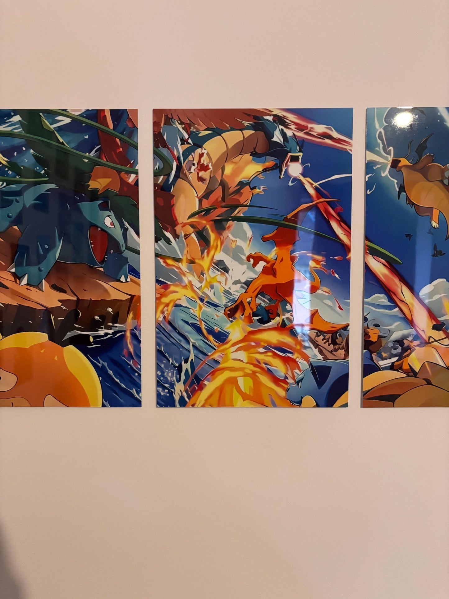 Kanto Starters Metal Poster – Anime Triptych Wall Art Featuring Charizard, Blastoise & Venusaur