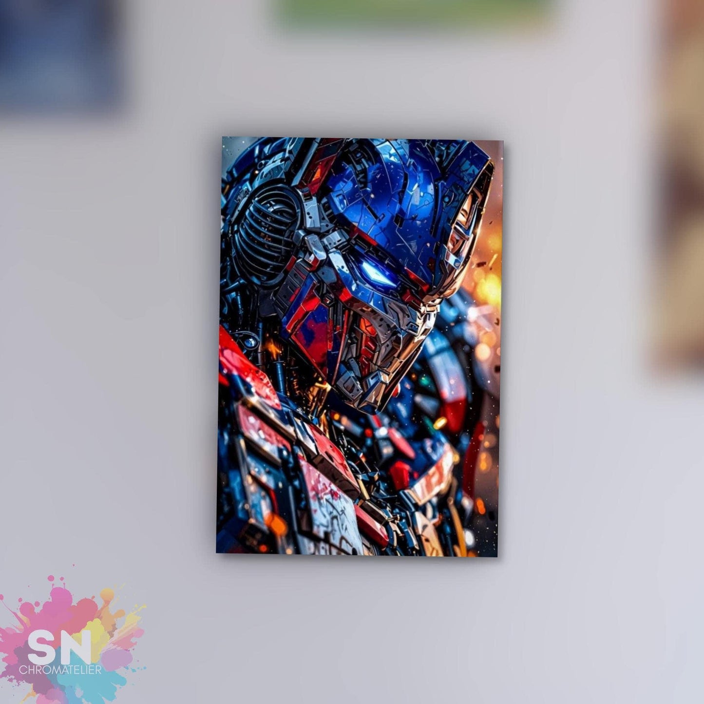 A close-up of a robot or mechanical figure with a blue and red color scheme, with intricate details and a futuristic appearance.