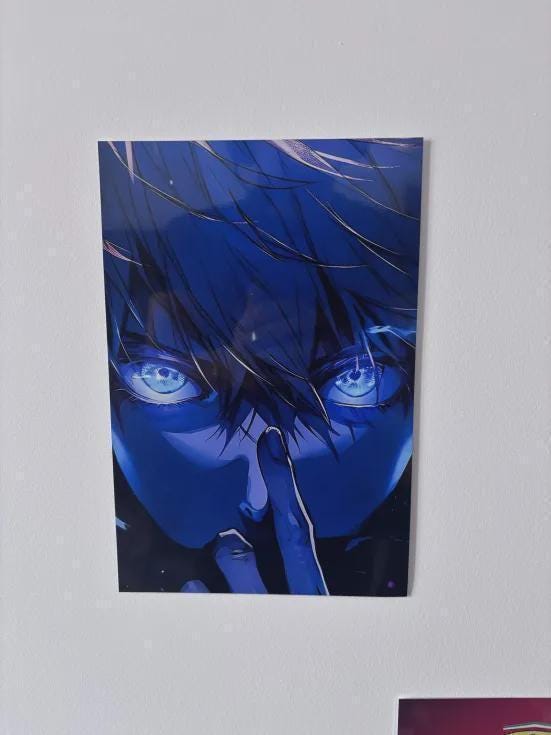 Gojo Metal Poster – Neon Anime Wall Art | Jujutsu Kaisen Aluminum Print A4
