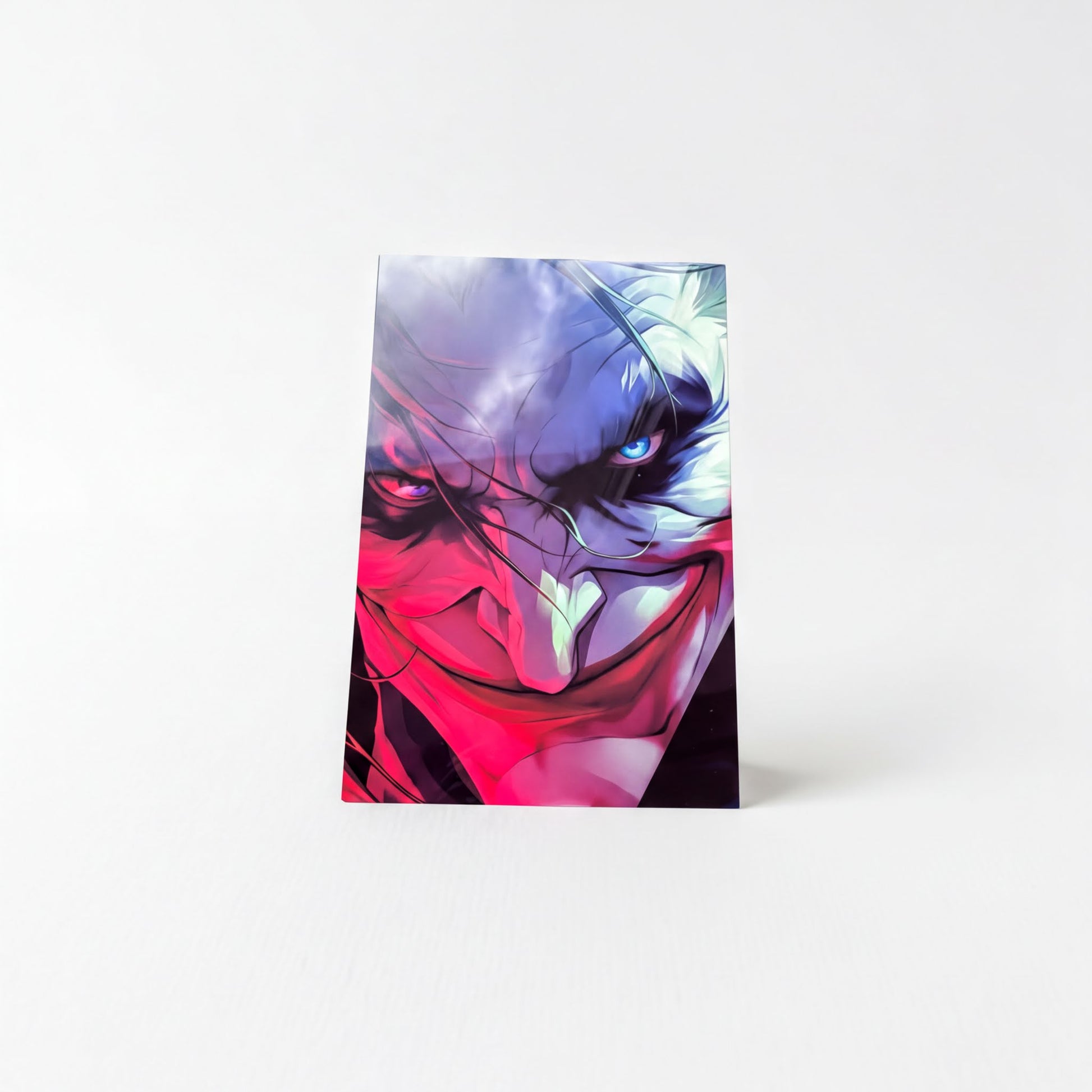 The image is a colorful, artistic print featuring a close-up of a joker-like character with a distinctive red and blue color scheme.