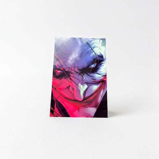 The image is a colorful, artistic print featuring a close-up of a joker-like character with a distinctive red and blue color scheme.