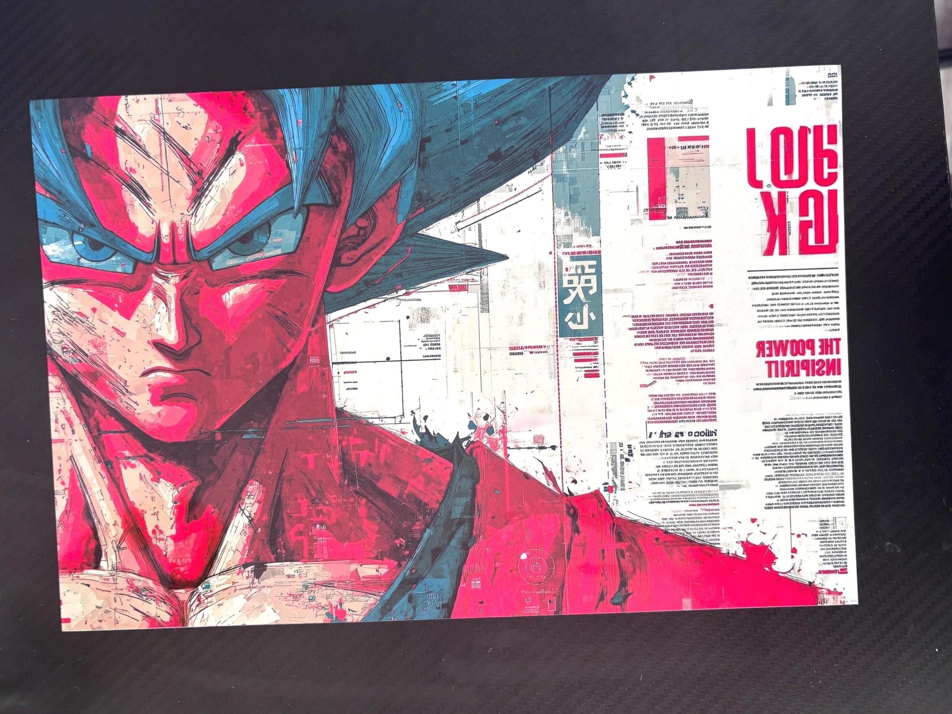 The image is a vibrant and dynamic artwork featuring a close-up of a character with striking red and blue colors, along with a text overlay that appears to be a collage or magazine-style layout.