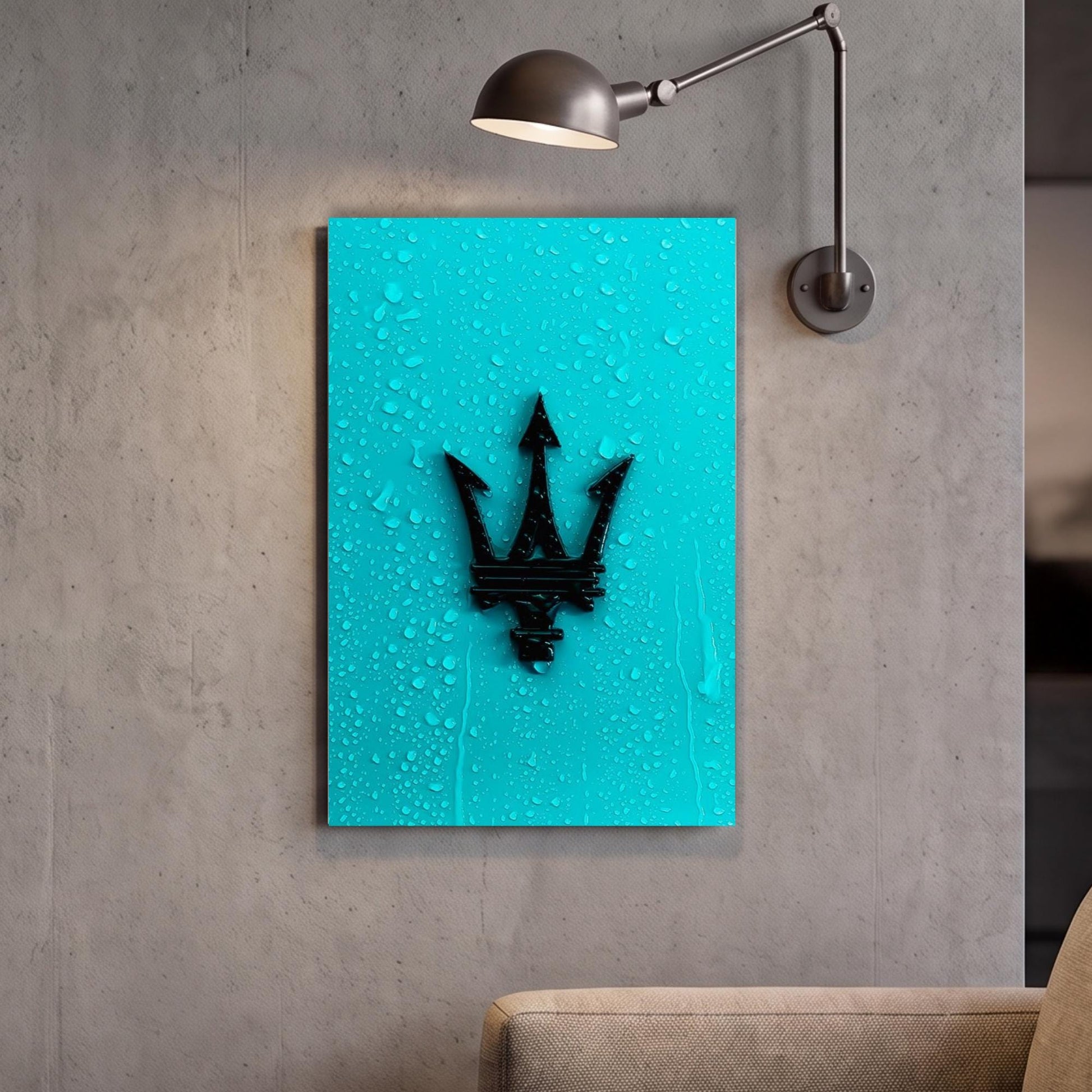 a framed artwork with a watercolor-like texture, displaying a black trident symbol on a teal background.