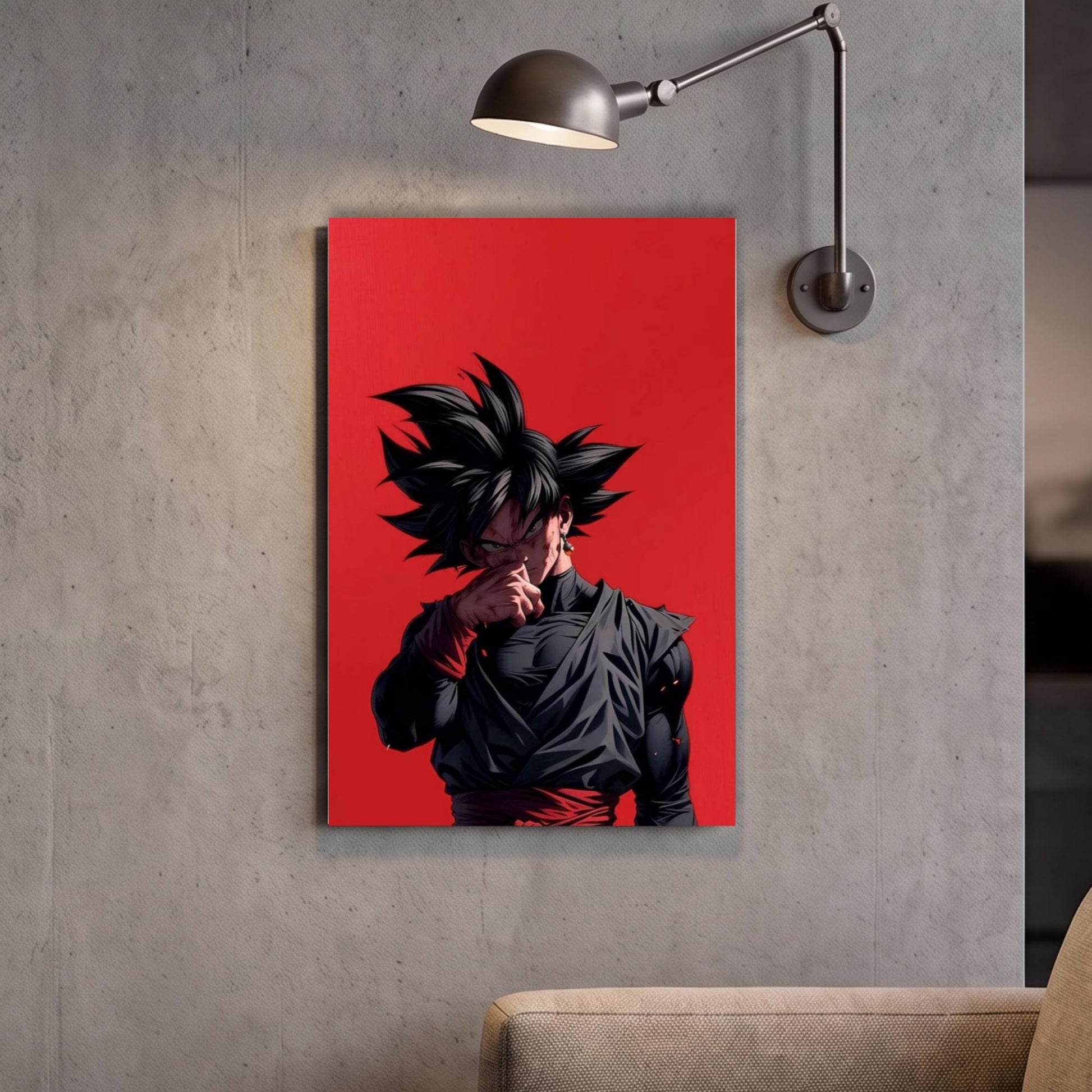 a poster of a character with spiky hair and a black outfit against a red background.