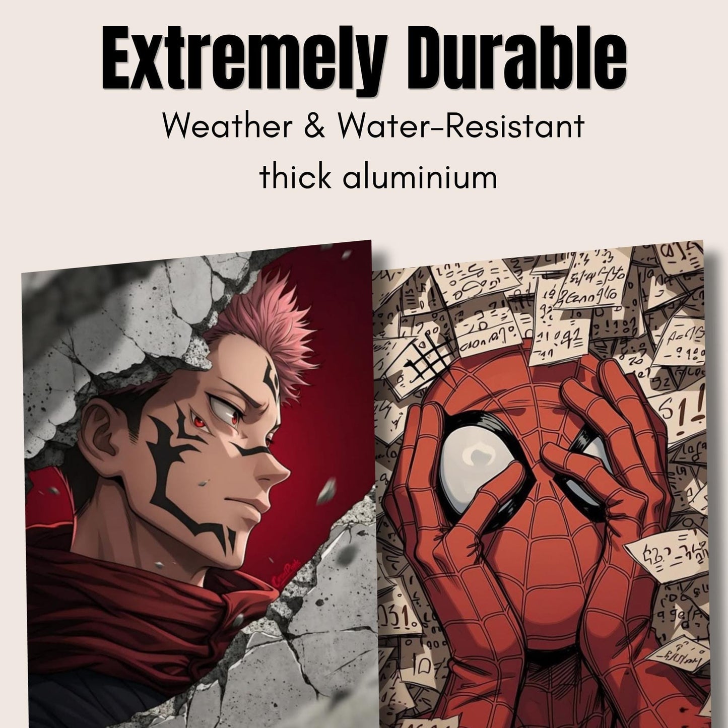 The image is a collage of two images, one depicting a character with a red head and the other showing a close-up of a spider's face. The text above the images reads "Extremely Durable Weather & Water-Resistant thick aluminum".